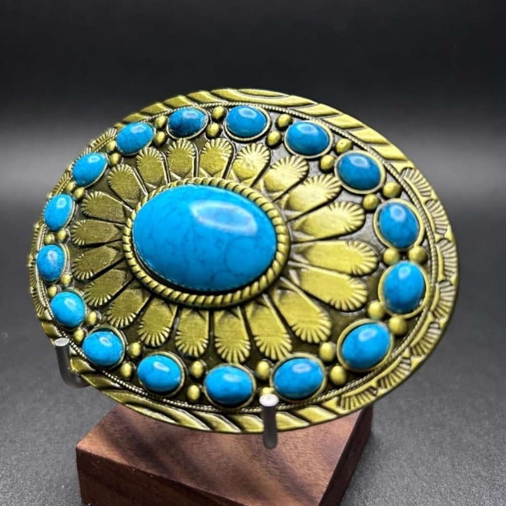 Turqouise Western Cabachon Concho belt buckle Choice Of Silver Or Gold